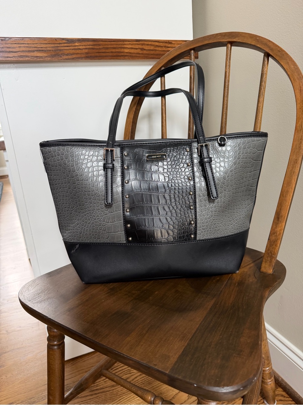 Grey and Black Croc-Texture Tote Bag